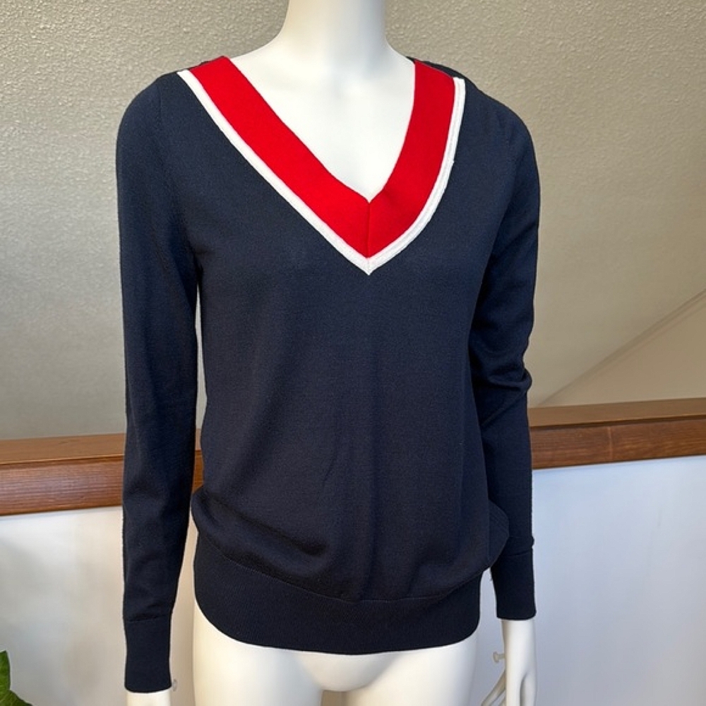 Banana Republic V-neck Preppy Tennis Sweater Cashmere LS Red Blue Gently Worn XS